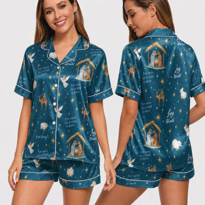 PJ-026-'Joy to the World' White Piping Button Up Long/Short Pajama Set