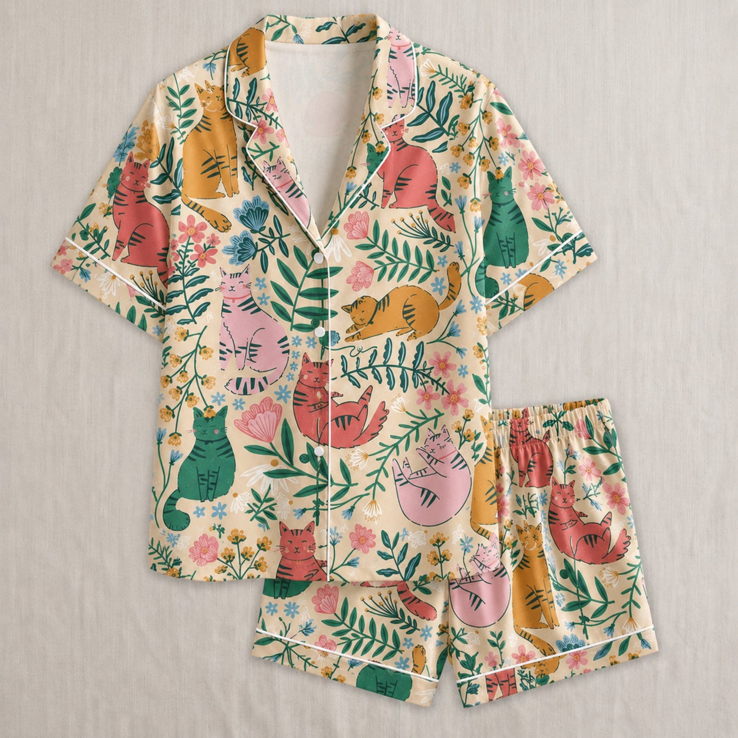 PJ-027-Satin Floral Cat White Piping Button Up Long/Short Pajama Set