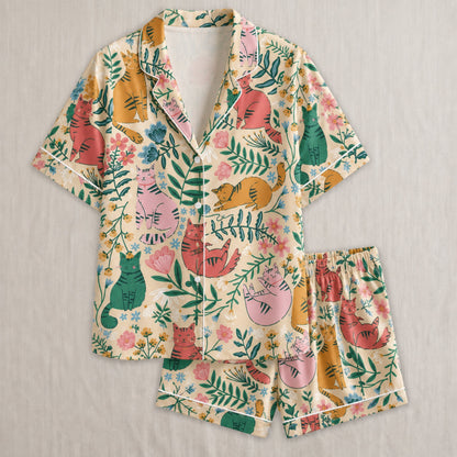 PJ-027-Satin Floral Cat White Piping Button Up Long/Short Pajama Set