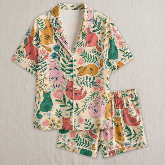 PJ-027-Satin Floral Cat White Piping Button Up Long/Short Pajama Set