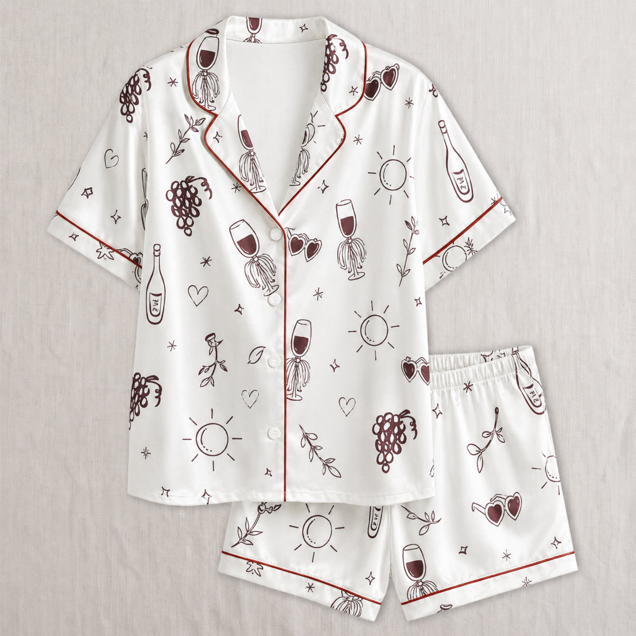 PJ-028-Satin Wine Print Burgundy Piping Button Up Long/Short Pajama Set