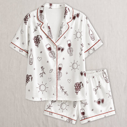 PJ-028-Satin Wine Print Burgundy Piping Button Up Long/Short Pajama Set