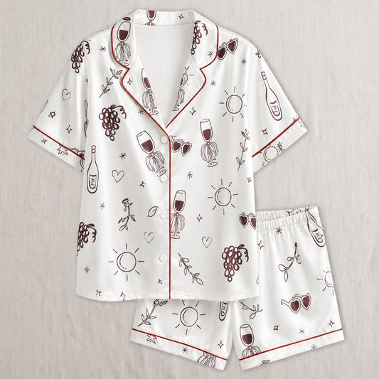 PJ-028-Satin Wine Print Burgundy Piping Button Up Long/Short Pajama Set