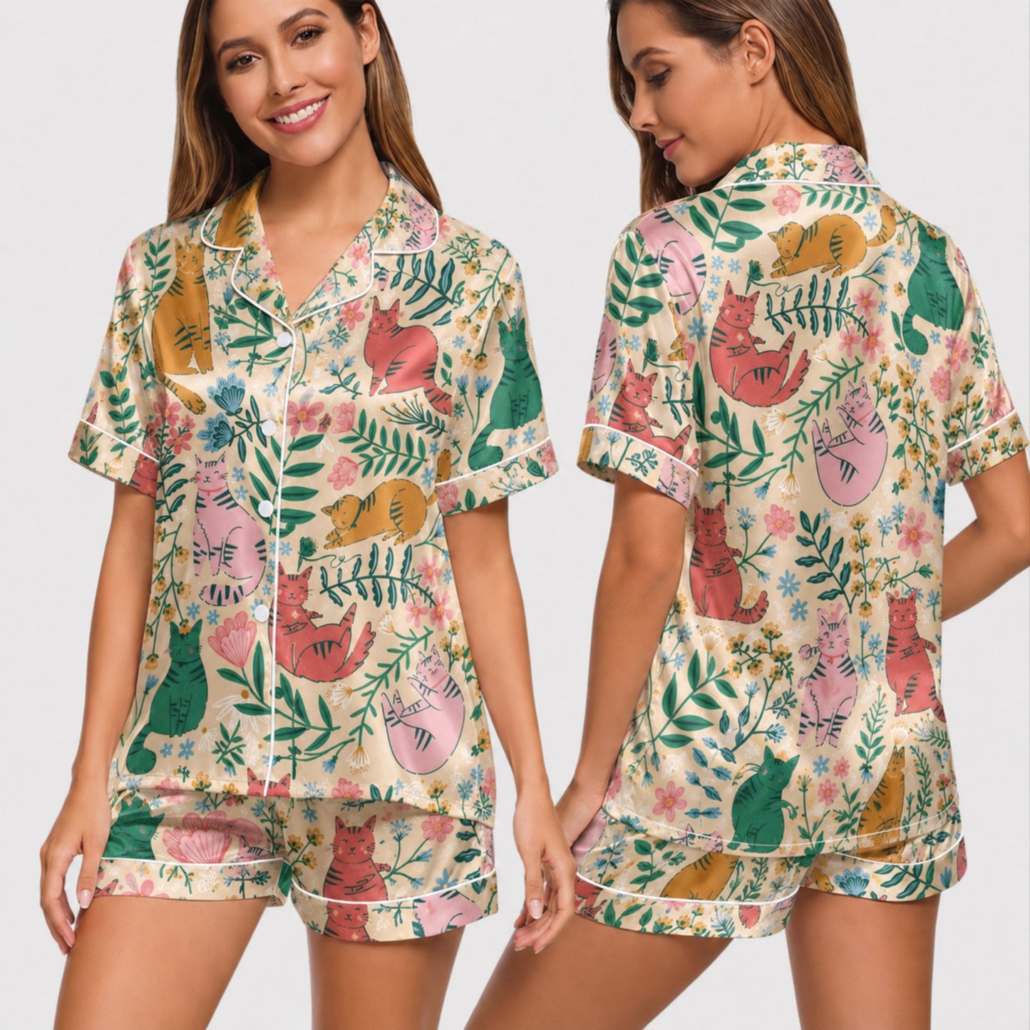 PJ-027-Satin Floral Cat White Piping Button Up Long/Short Pajama Set
