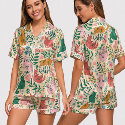 PJ-027-Satin Floral Cat White Piping Button Up Long/Short Pajama Set