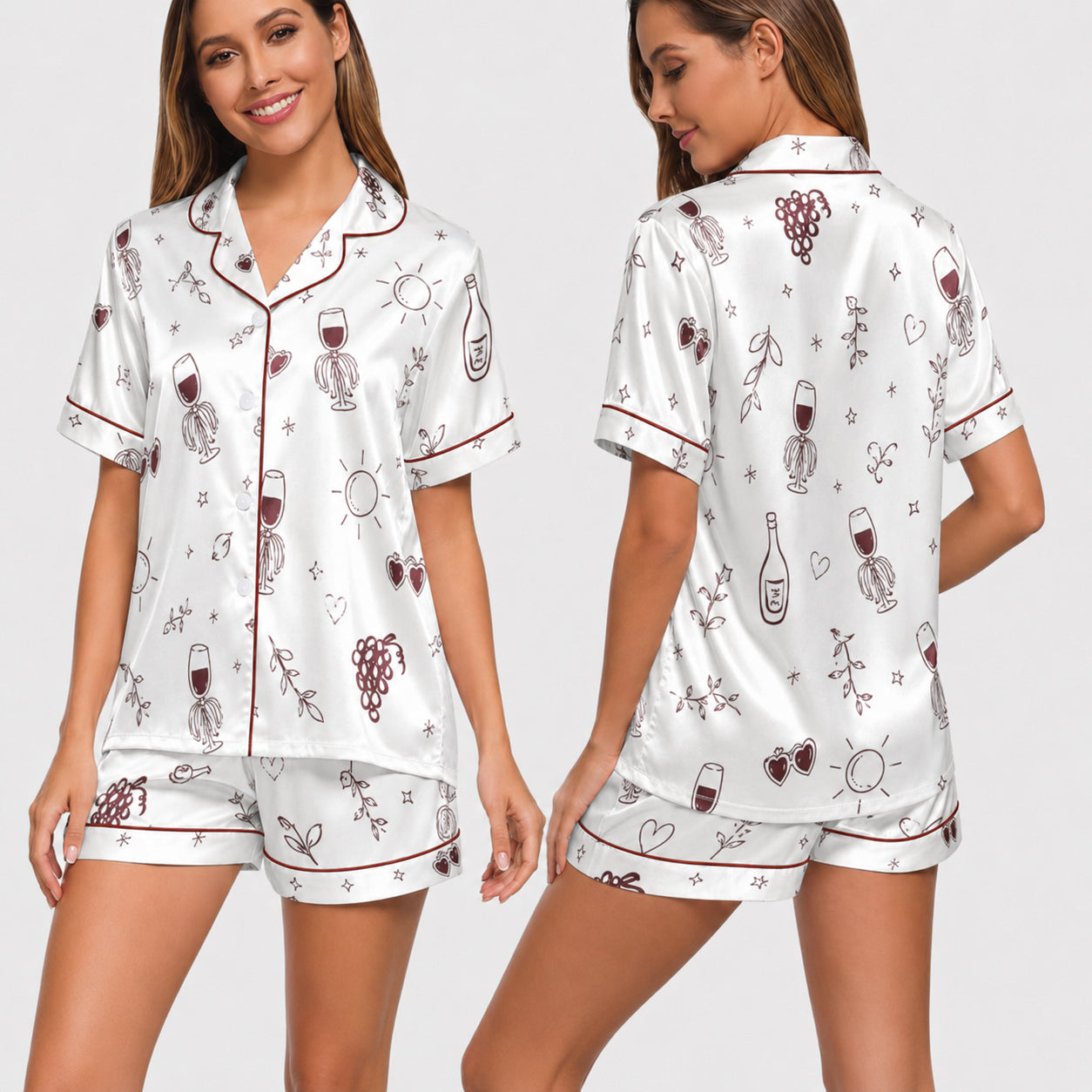 PJ-028-Satin Wine Print Burgundy Piping Button Up Long/Short Pajama Set