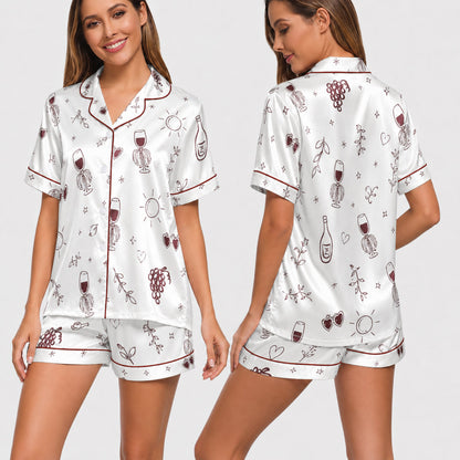 PJ-028-Satin Wine Print Burgundy Piping Button Up Long/Short Pajama Set