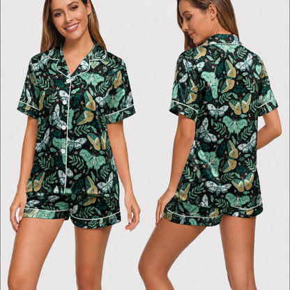 PJ-029-Satin Wine Print Burgundy Piping Button Up LongG Pajama Set