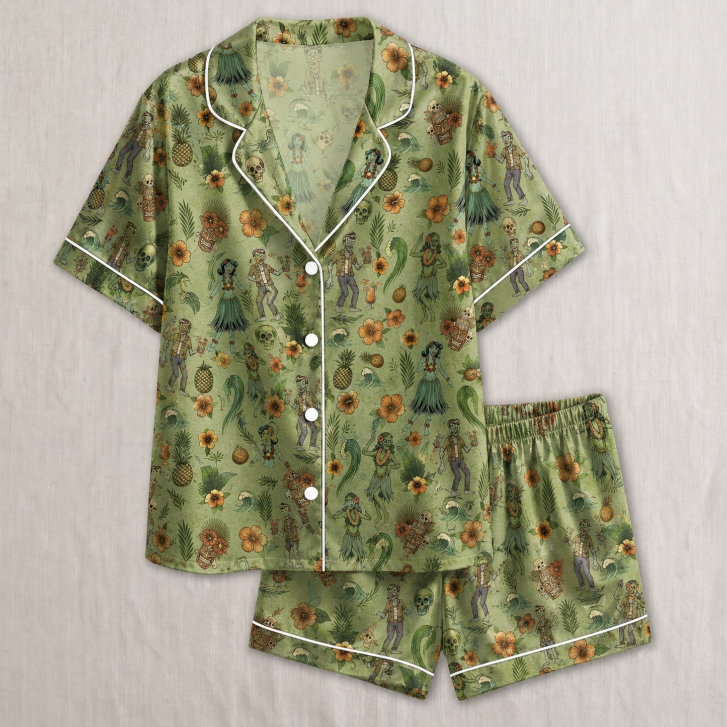 PJ-030-Satin Zombie Tiki White Piping Button Up Long/Short Pajama Set