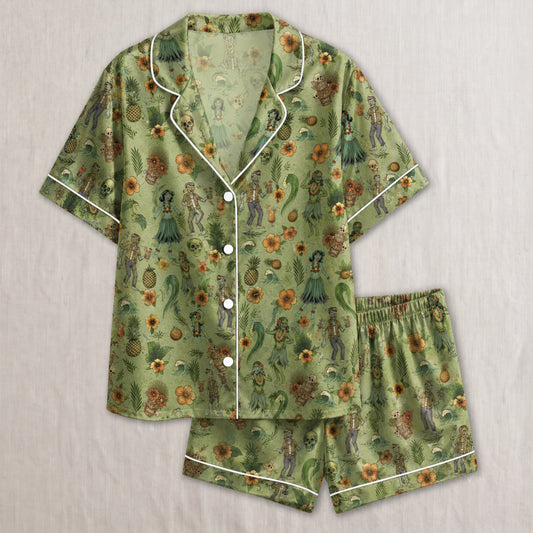 PJ-030-Satin Zombie Tiki White Piping Button Up Long/Short Pajama Set