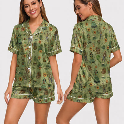 PJ-030-Satin Zombie Tiki White Piping Button Up Long/Short Pajama Set