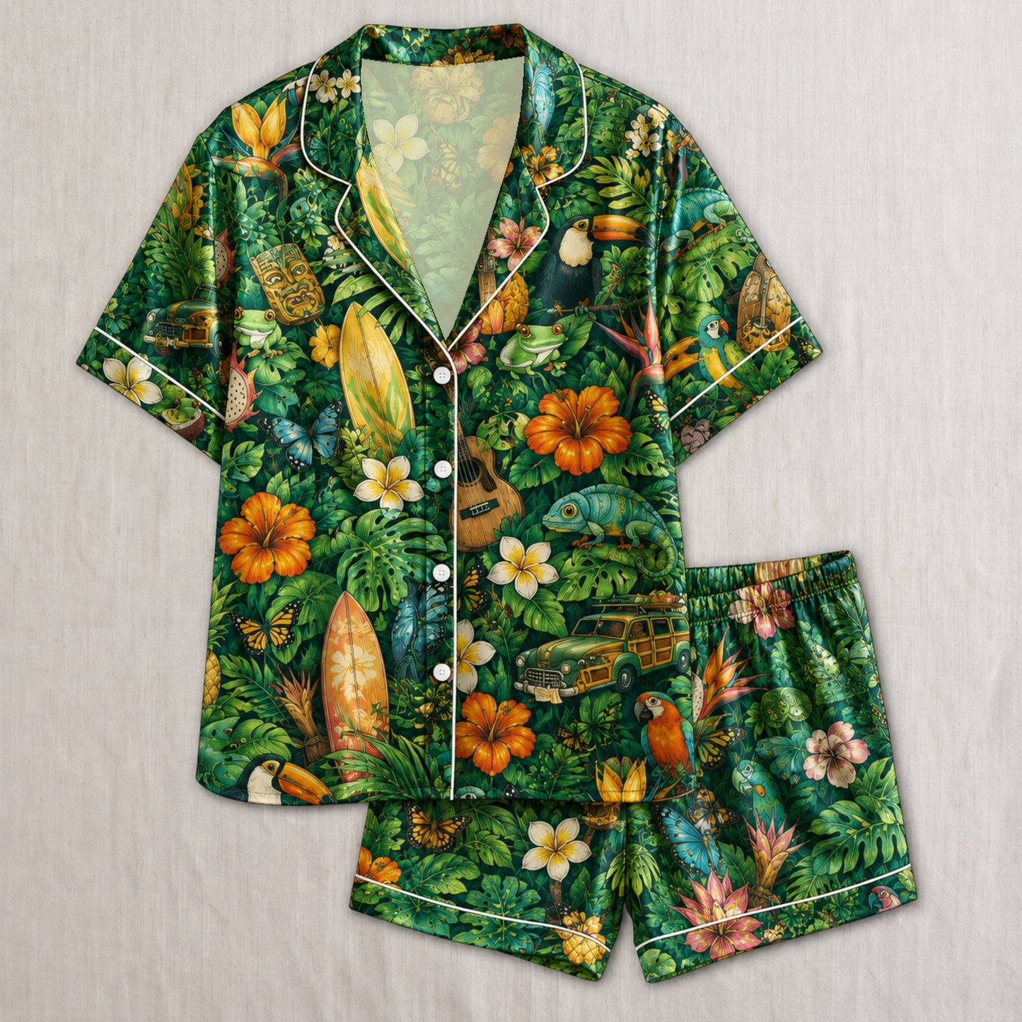 PJ-032-Satin Tropical Jungle White Piping Button Up Long/Short Pajama Set