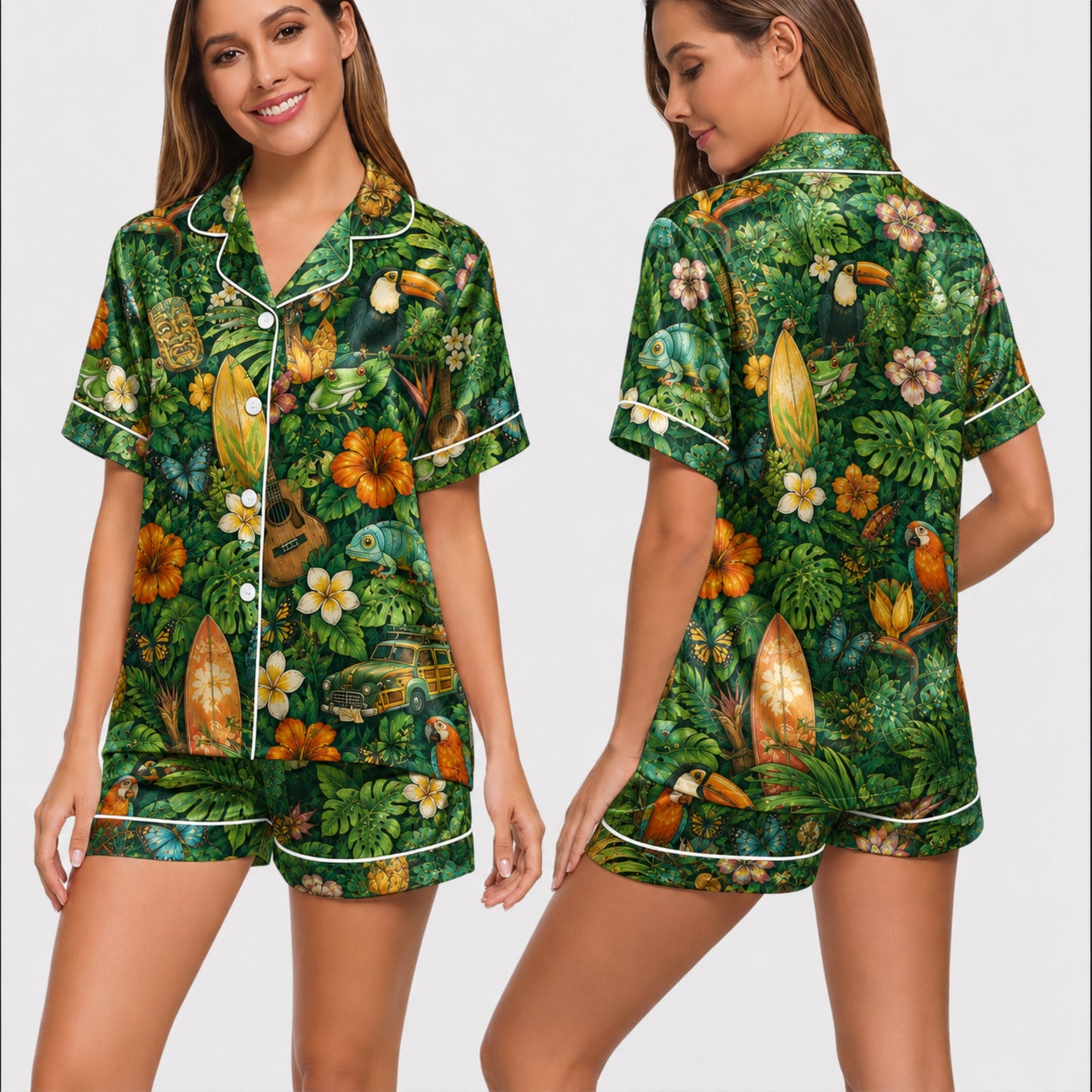 PJ-032-Satin Tropical Jungle White Piping Button Up Long/Short Pajama Set