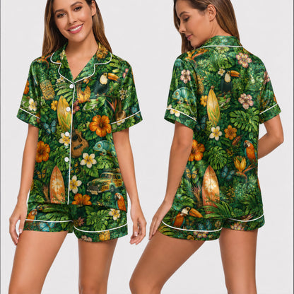 PJ-032-Satin Tropical Jungle White Piping Button Up Long/Short Pajama Set