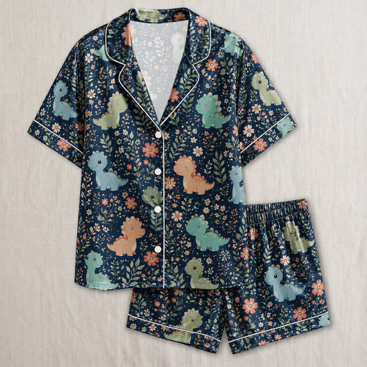 PJ-033-Satin Floral Dinosaur White Piping Button Up Long/Short Pajama Set