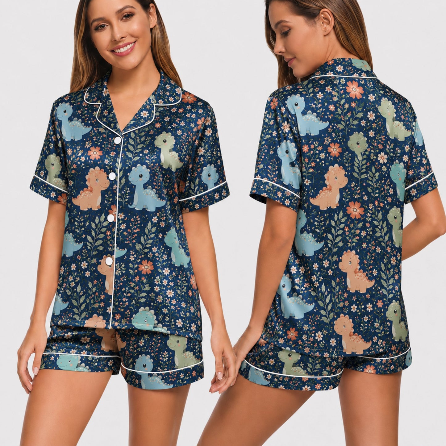 PJ-033-Satin Floral Dinosaur White Piping Button Up Long/Short Pajama Set
