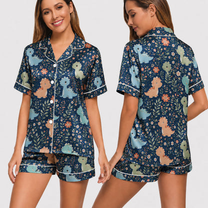 PJ-033-Satin Floral Dinosaur White Piping Button Up Long/Short Pajama Set