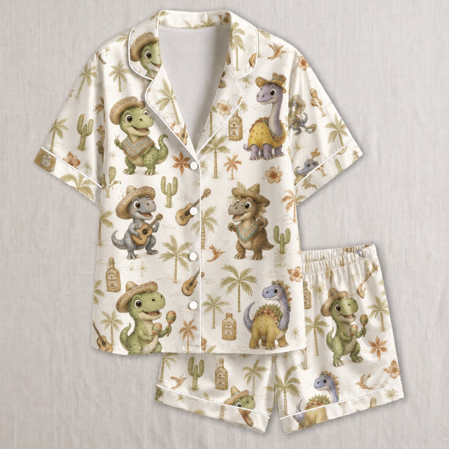 PJ-034-Satin Fiesta Dinosaur White Piping Button Up Long/Short Pajama Set