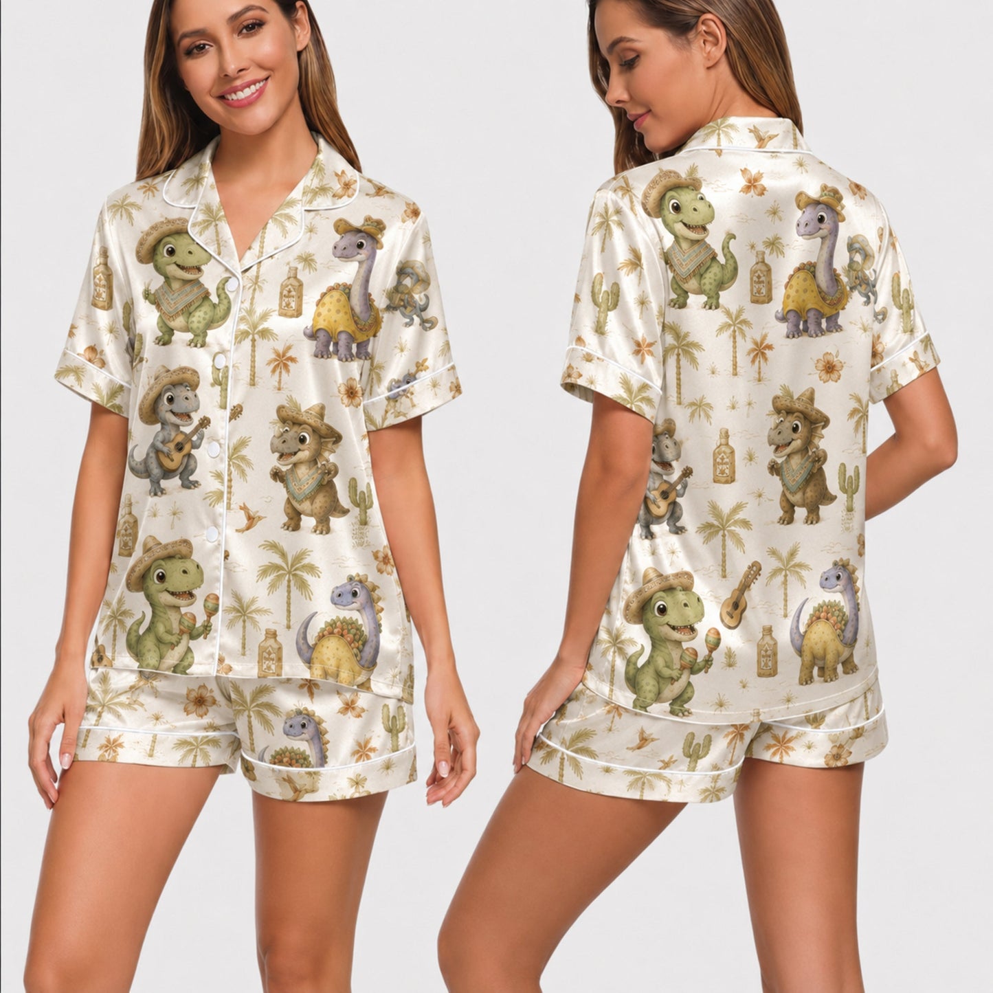 PJ-034-Satin Fiesta Dinosaur White Piping Button Up Long/Short Pajama Set