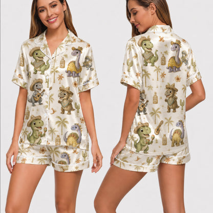 PJ-034-Satin Fiesta Dinosaur White Piping Button Up Long/Short Pajama Set
