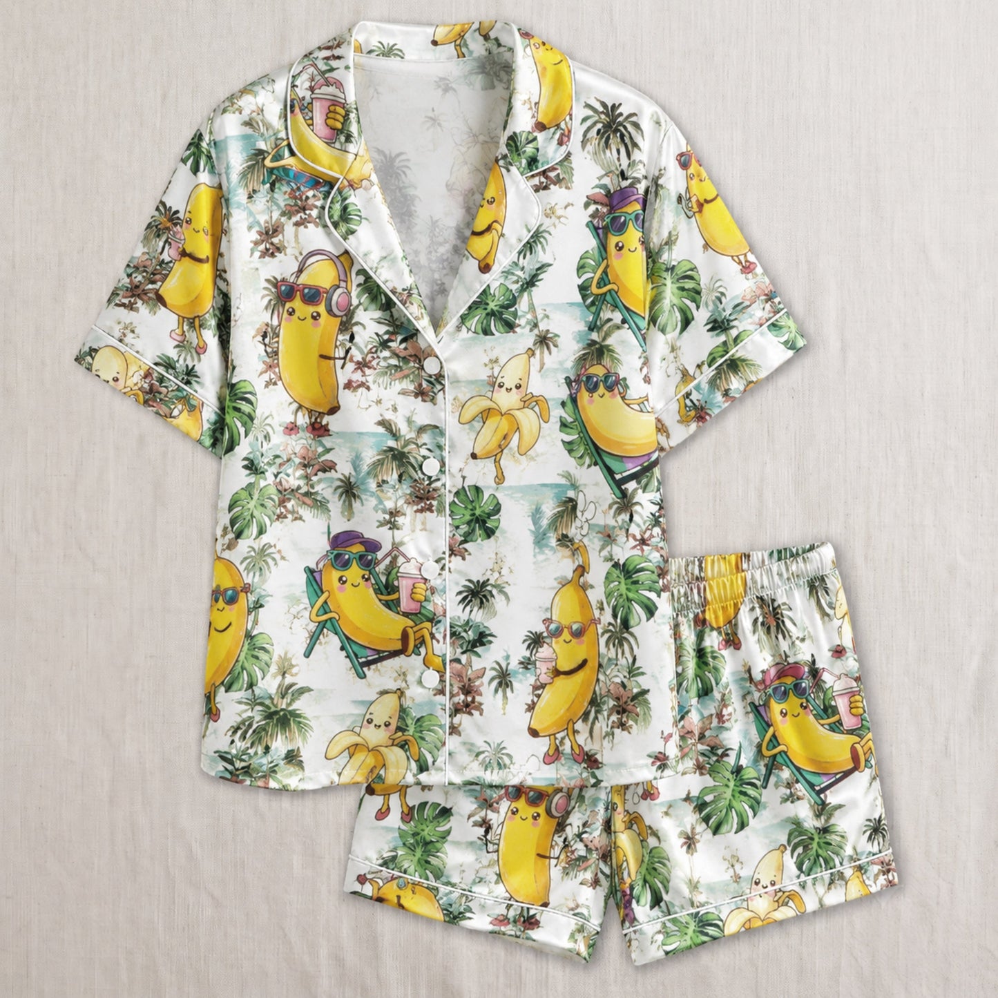 PJ-035-Satin Tropical Banana White Piping Button Up Shortie Pajama Set