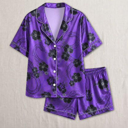 PJ-036-Satin Purple Floral Snake Button Up Pajama Set