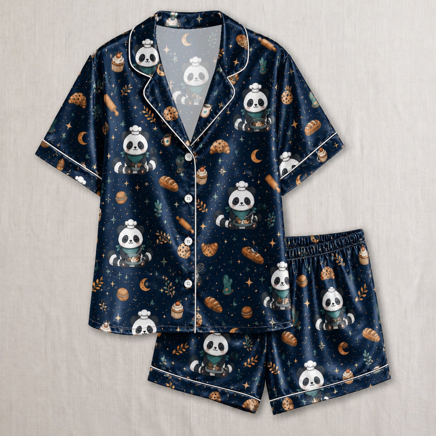 PJ-037-Satin Baker Panda White Piping Button Up Pajama Set