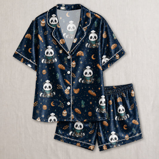 PJ-037-Satin Baker Panda White Piping Button Up Pajama Set