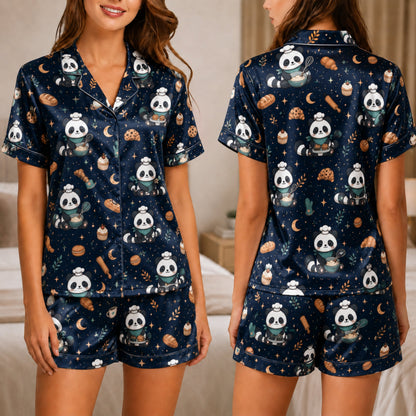 PJ-037-Satin Baker Panda White Piping Button Up Pajama Set
