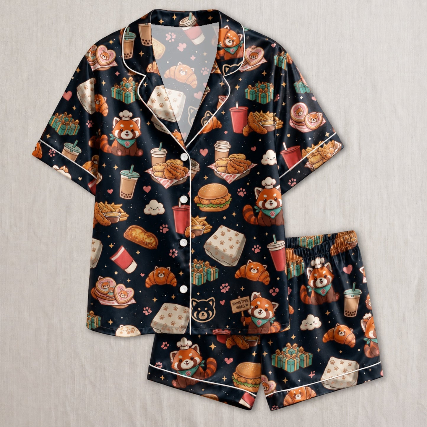 PJ-038-Satin Foodie Red Panda White Piping Button Up Pajama Set
