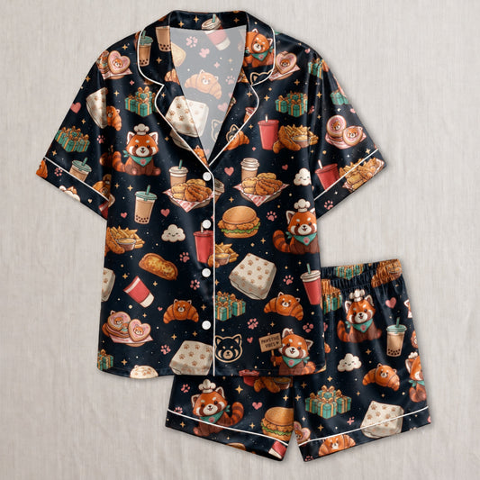 PJ-038-Satin Foodie Red Panda White Piping Button Up Pajama Set