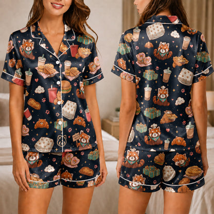 PJ-038-Satin Foodie Red Panda White Piping Button Up Pajama Set