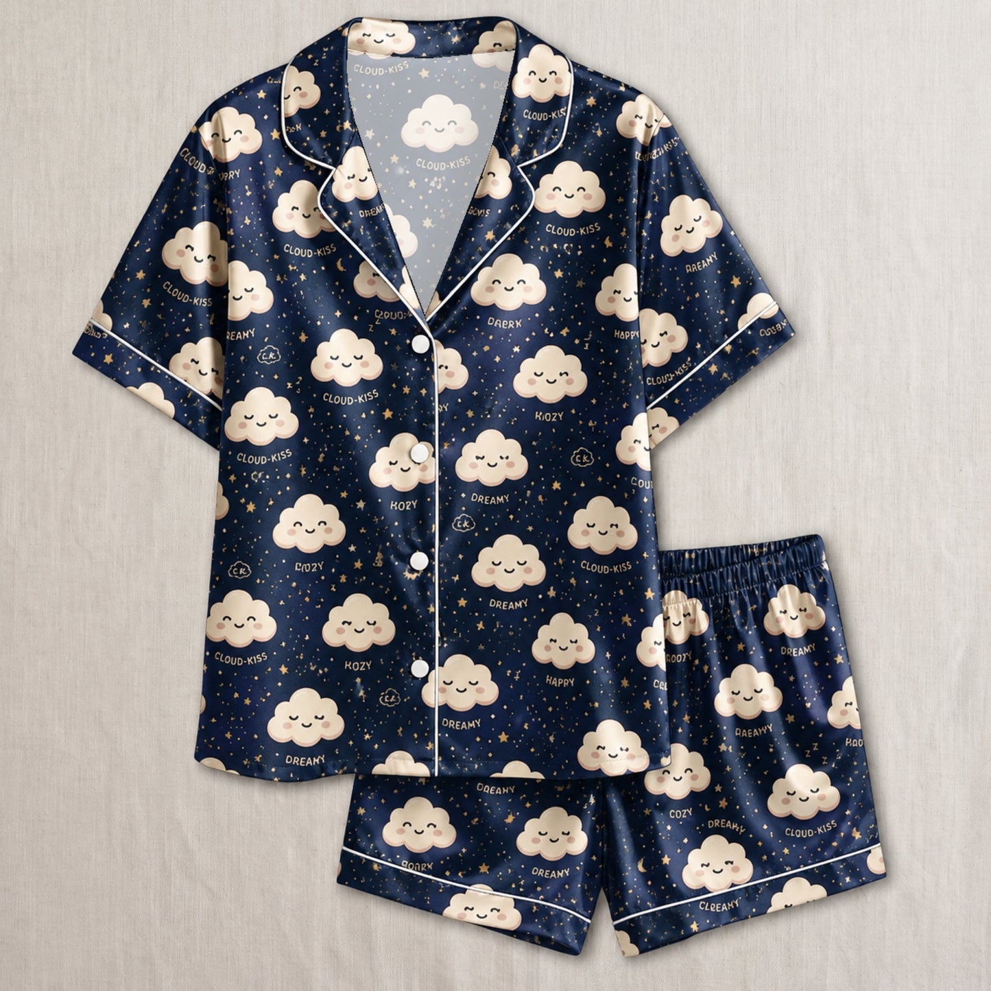 PJ-039-Satin Dreamy Cloud White Piping Button Up Pajama Set