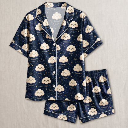 PJ-039-Satin Dreamy Cloud White Piping Button Up Pajama Set