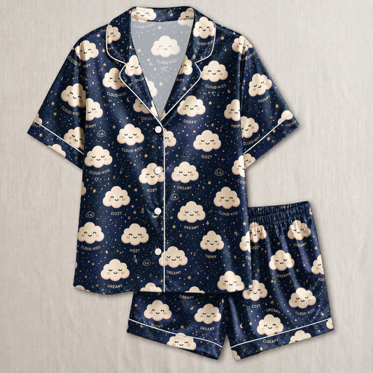 PJ-039-Satin Dreamy Cloud White Piping Button Up Pajama Set