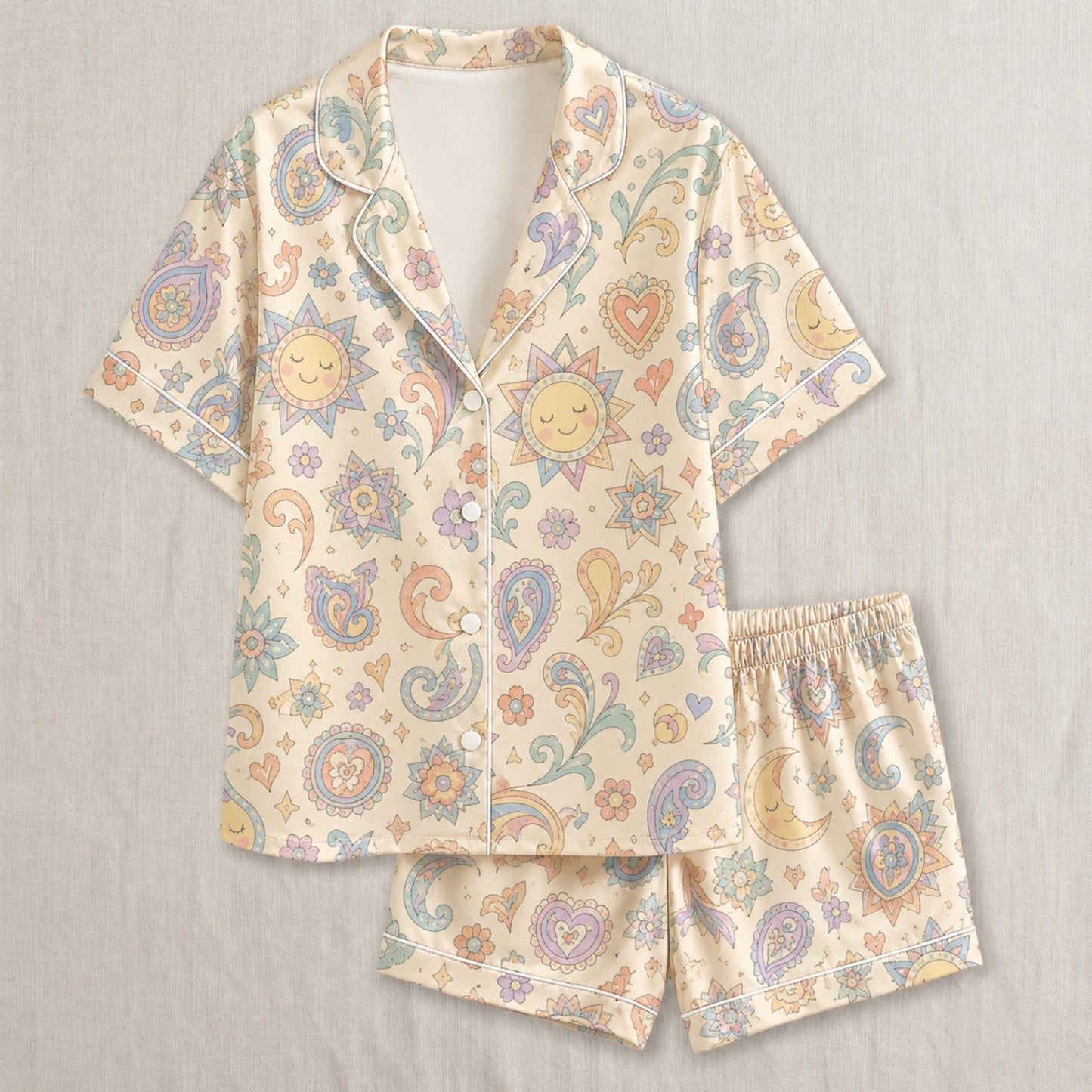 PJ-040-Satin Pastel Celestial White Piping Button Up Pajama Set