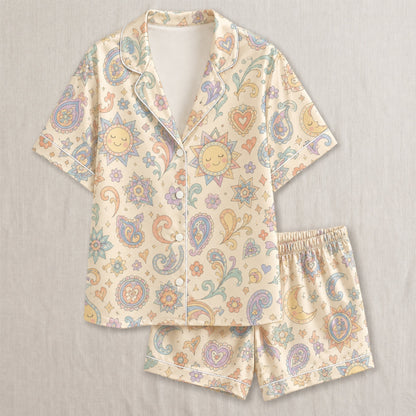 PJ-040-Satin Pastel Celestial White Piping Button Up Pajama Set