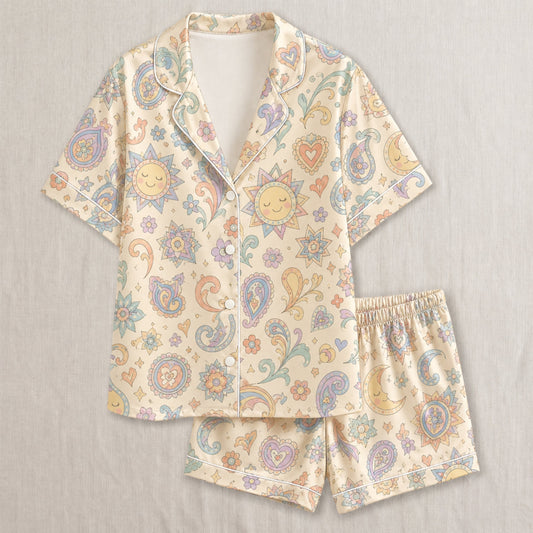 PJ-040-Satin Pastel Celestial White Piping Button Up Pajama Set