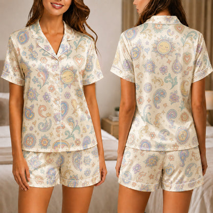 PJ-040-Satin Pastel Celestial White Piping Button Up Pajama Set
