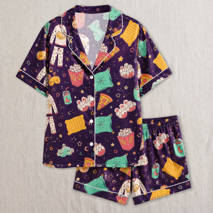 PJ-041-Satin Purple Slumber Party White Piping Button Up Pajama Set