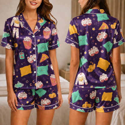 PJ-041-Satin Purple Slumber Party White Piping Button Up Pajama Set
