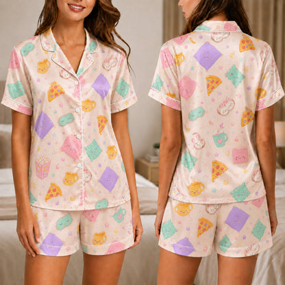 PJ-042-Satin Pastel Slumber Party Pink Piping Button Up Long Pajama Set