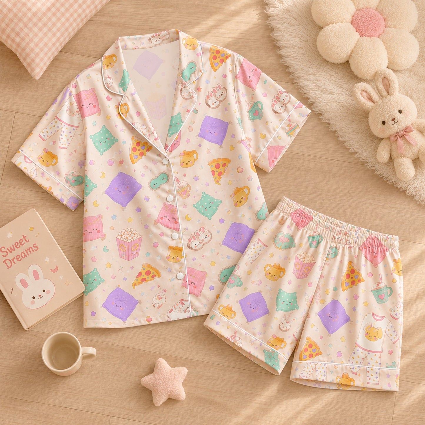 PJ-042-Satin Pastel Slumber Party Pink Piping Button Up Long Pajama Set