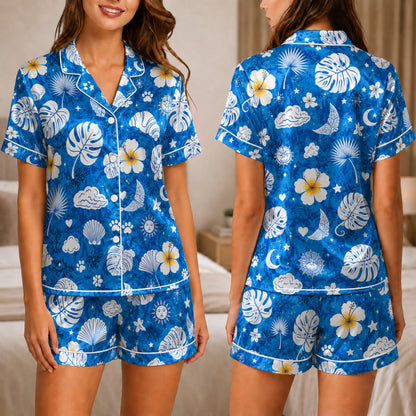 PJ-043-Satin Blue Tropical Floral White Piping Button Up Long/Short Pajama Set