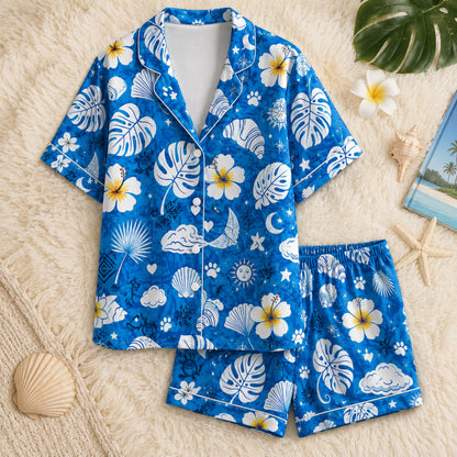 PJ-043-Satin Blue Tropical Floral White Piping Button Up Long/Short Pajama Set