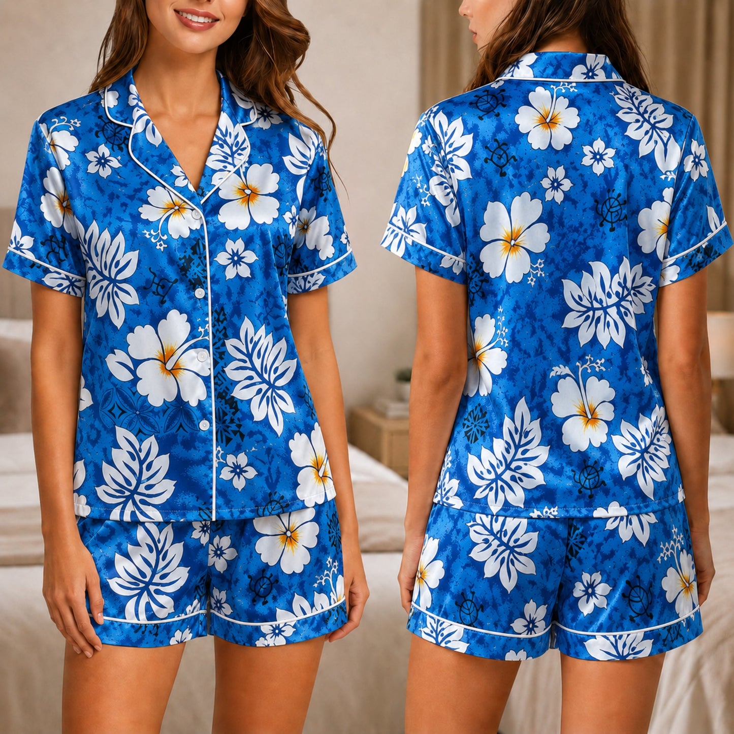 PJ-044-Satin Blue Floral White Piping Button Up Pajama Set