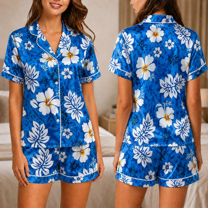 PJ-044-Satin Blue Floral White Piping Button Up Pajama Set