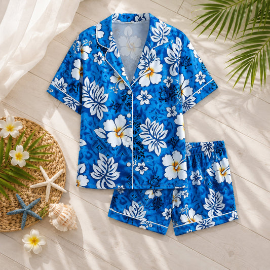 PJ-044-Satin Blue Floral White Piping Button Up Pajama Set