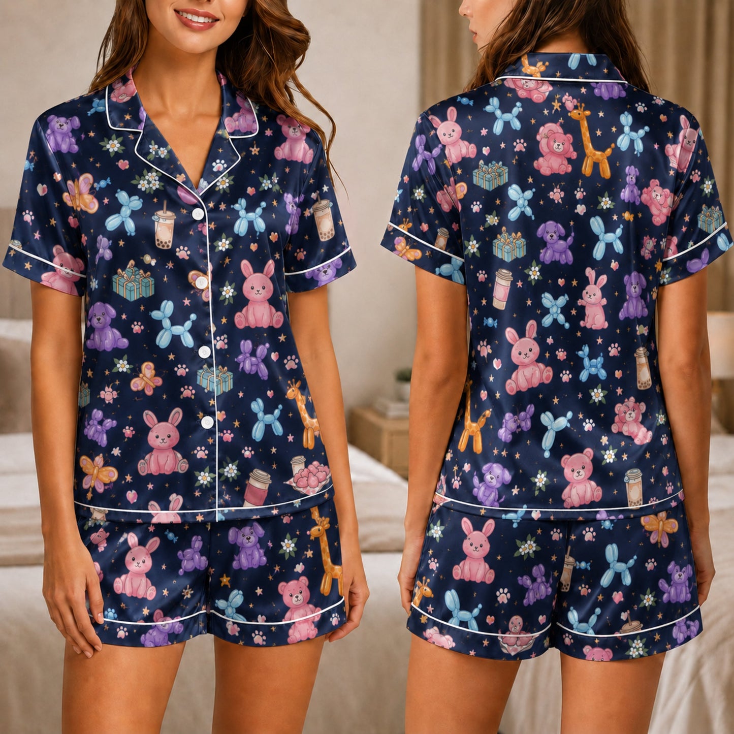 PJ-045-Satin Navy Balloon Animal & Plushie White Piping Button Up Pajama Set