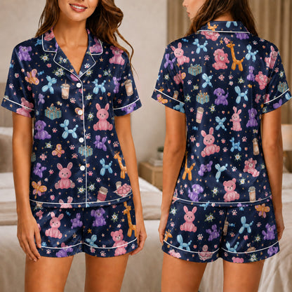 PJ-045-Satin Navy Balloon Animal & Plushie White Piping Button Up Pajama Set